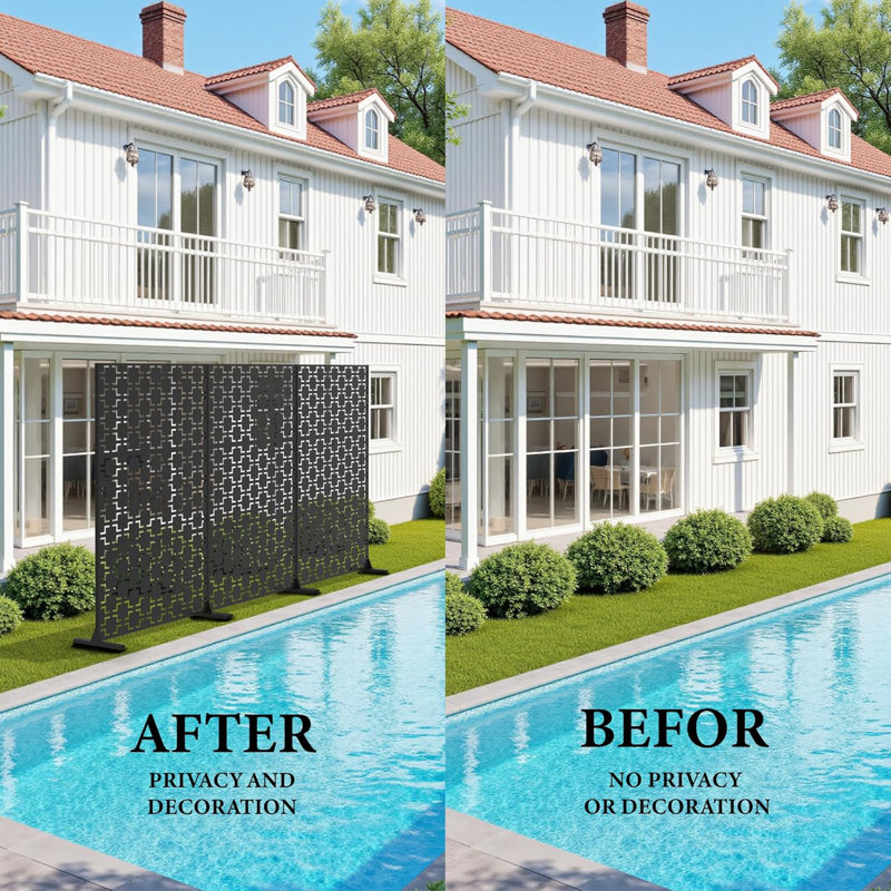 Metal Privacy Screen 182.9cm H X 119.4cm W, Outdoor Privacy Screens And Panels, 3-Panel Outdoor Divider With Stand,Black/Square