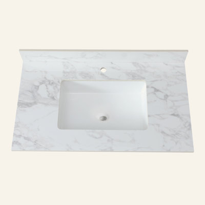37"X22"Bathroom Vanity Top,Sintered Stone Carra Barthroom Vanity Sink Tops With Rectangular Undermount Ceramic Sink With Vanity Backsplash, Single Faucet Hole Bathroom Vanity Countertop