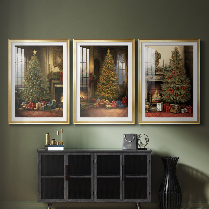 Christmas Holiday Art DVII - Impression encadrée sur mesure de qualité supérieure - 3 pièces, H 21 po x l 30 po, Doré