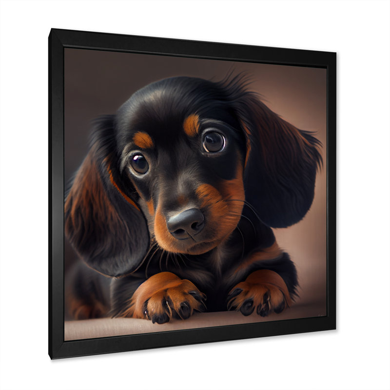 Mignon chiot teckel - impression de chien teckel, Impression noire sur toile encadrée, H 16 po x l 16 po x P 1 po