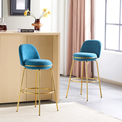 Ensemble de 2 tabourets d'intérieur revêtus de métal, cadre doré et revêtement bleu