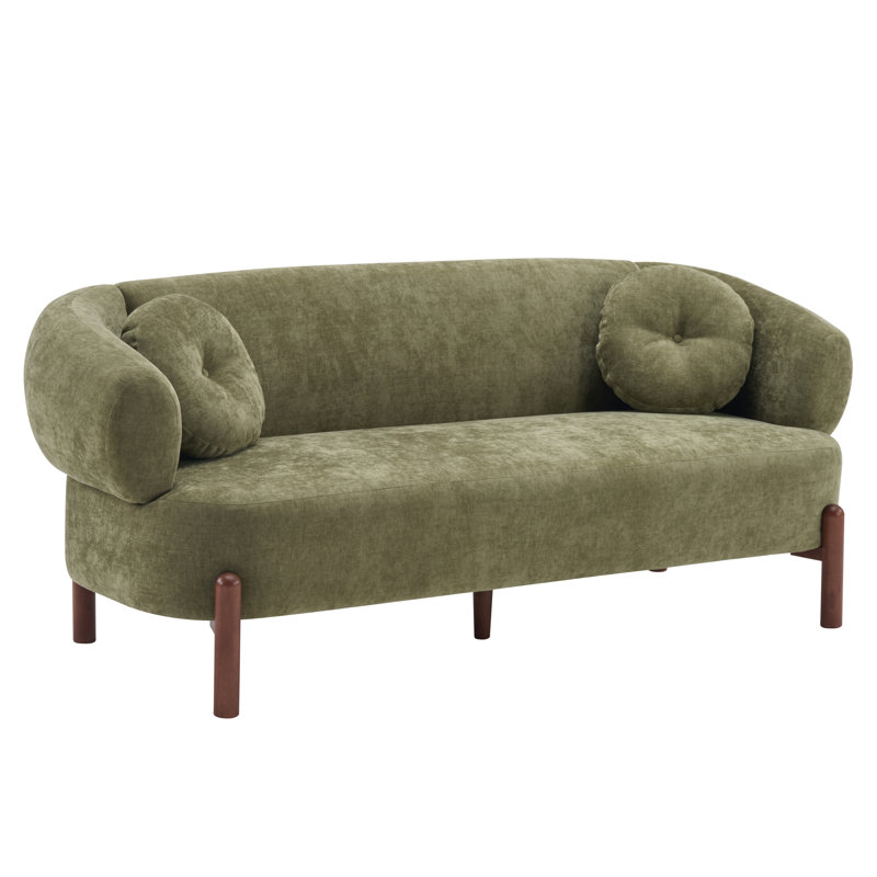 Orenzo 76.77" Wide Modern Polyester Curved 3-Seater Sofa with Round Tufted Pillows and Birch Wood Legs, Olive Green