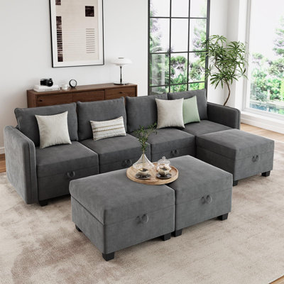 Canapé modulaire en U gris avec rangement sous le siège, canapé 4 places avec 3 repose-pieds, revêtement en chenille pour le salon