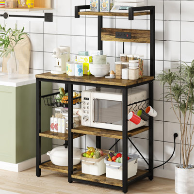 Rustic Kitchen Pantry Cabinet with Power Outlets & Adjustable Shelves - Microwave Stand, Coffee Bar Storage (DKLGG, Brown)