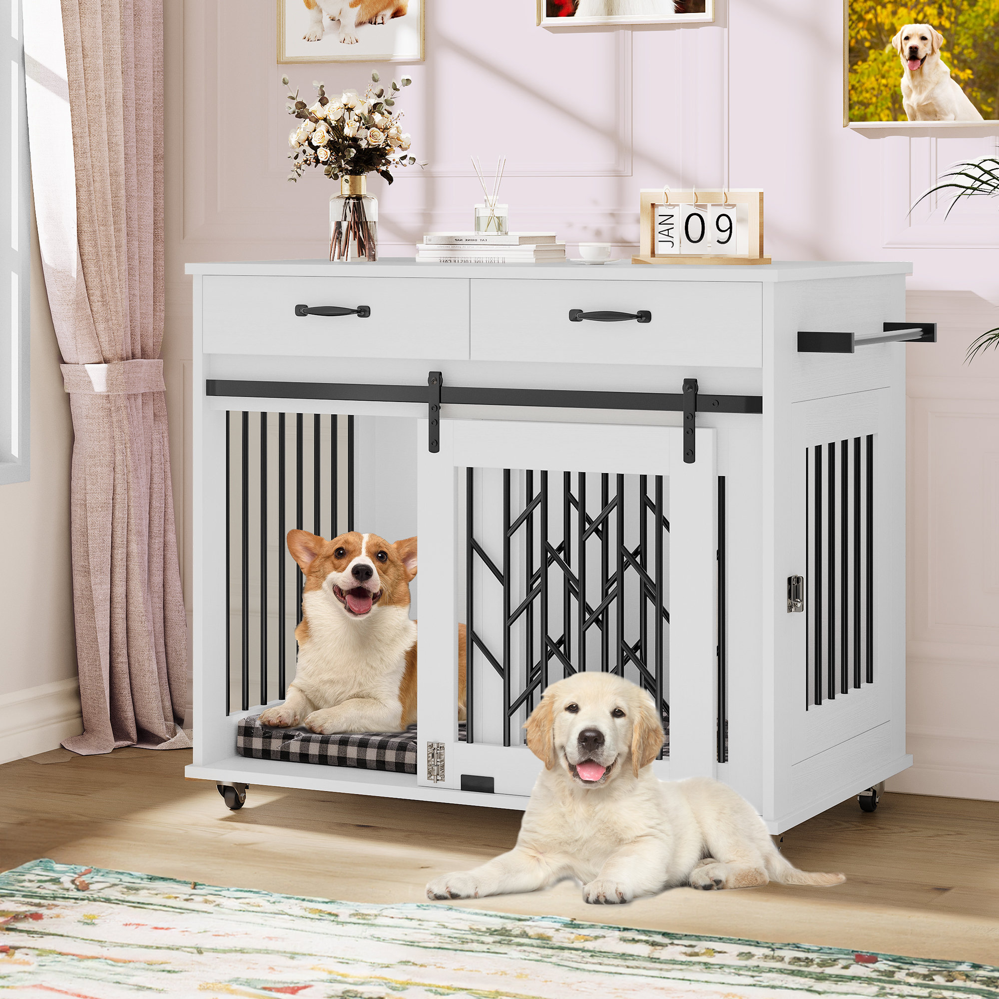 Archie & Oscar™ Wooden Dog Crate Furniture with Divider, Wheels, 2 ...