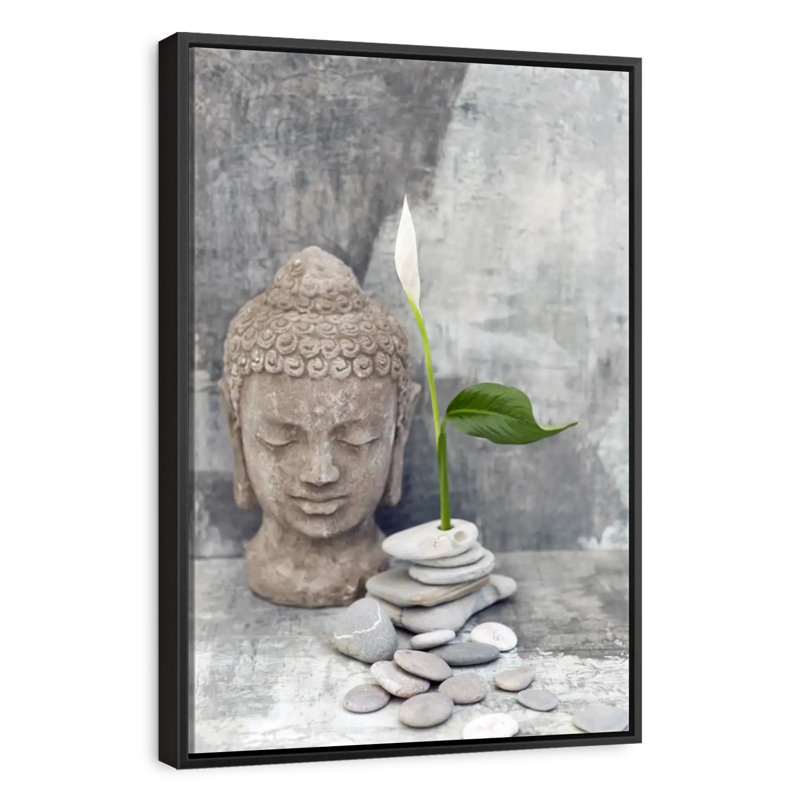 Tête de bouddha zen, Cadre flottant noir, 29 po x 43 po