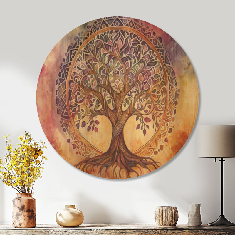 Arbre de vie Mandala I - impression d'art mural rond en bois Boho, Rond 36 po, Rond