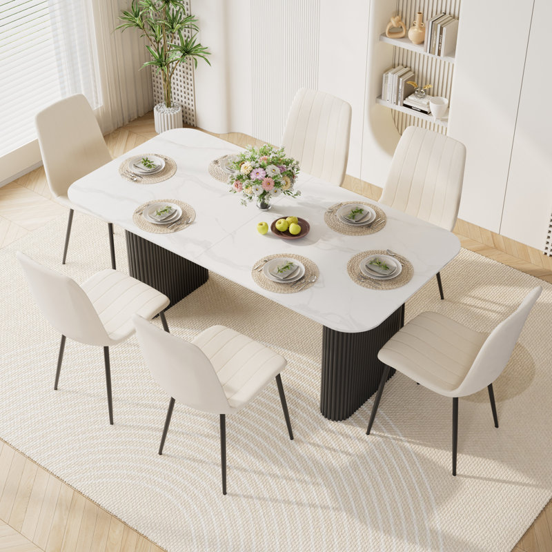 Marble texture 70.9 "Rectangular Dining Table Set, Beige, Black, 7