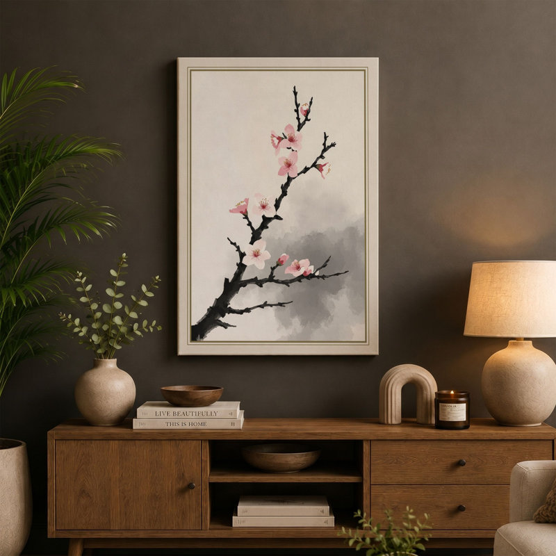 Moonlit Cherry Blossom Japandi - Wrapped Canvas, 30x20 - 76.2 x 50.8 cm, Cream Border