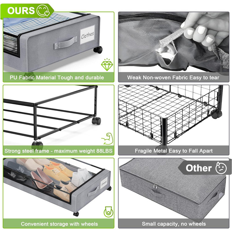 Ensemble de 2 bacs de rangement sous le lit à roulettes gris