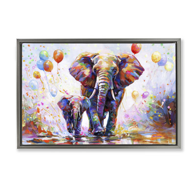 Éléphants et ballons, toile encadrée noire par Leon Devenice