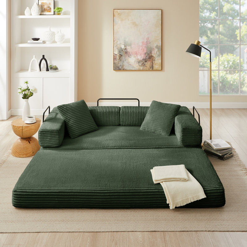4-In-1 Folding Convertible Sofa Bed, 80.7 Inch Oversized Corduroy Upholstered Compression Couch, Loveseat Sleeper With Pull Out Bed, Floor Sofa Modular Futon Couch For Living Room Bedroom Lounge