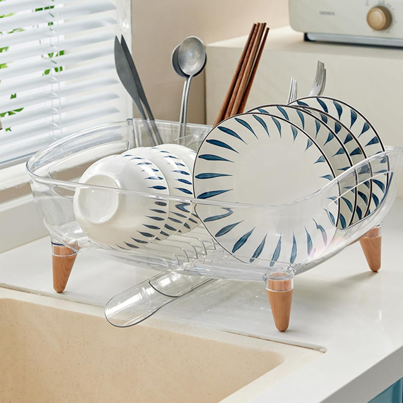 Dish Drying Rack For Kitchen Counter With Drainboard And Utensil Holder, Multi-Functional Sink Dish Drainer With 360° Swivel Spout, High-Capacity Clear PET Dish Rack