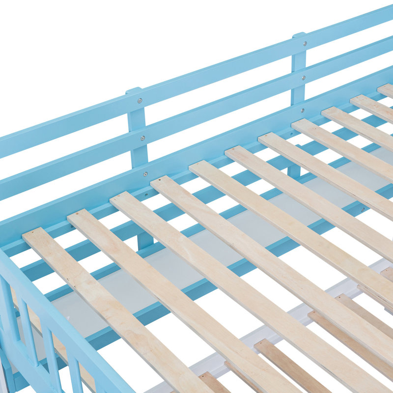 Lit superposé avec glissade en bleu - 2 tiroirs, 3 tablettes, bois massif pour plus de 6 tiroirs et tablettes. Pin. Conception amusante. Pendant 6 ans. Capacité de poids de 400 lb Pas de sommier ni de matelas. L 106,3 po x l 76,6 po x H 72,8 po