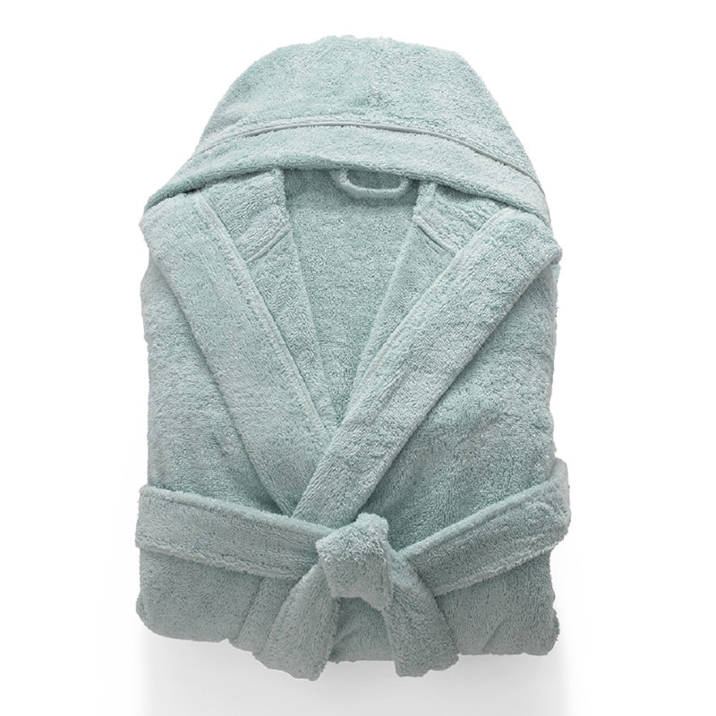Ice Blue Turkish Cotton Hooded Mid-Calf Bathrobe