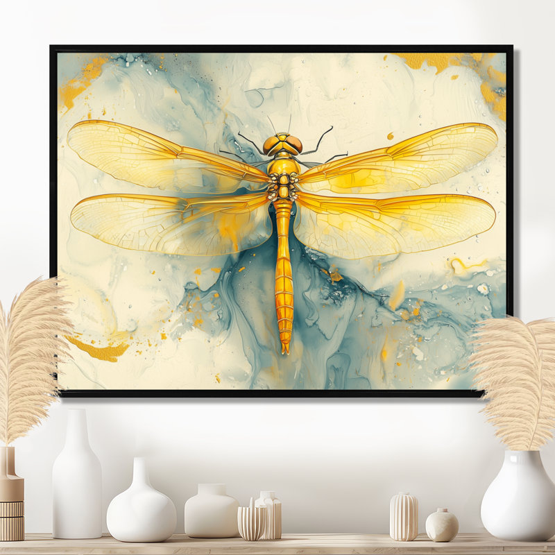 Mouche libellule jaune, vol d'élégance - Libellule, art mural, H 12 po x l 20 po, Cadre flottant, Noir