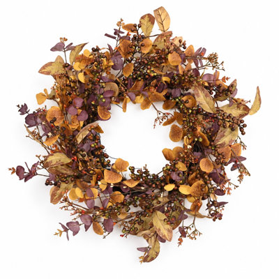 Couronne d'automne artificielle de 61 cm (24 po) avec feuillage d'eucalyptus varié, style rustique, idéale pour la porte d'entrée ou comme décoration murale saisonnière pour Thanksgiving.