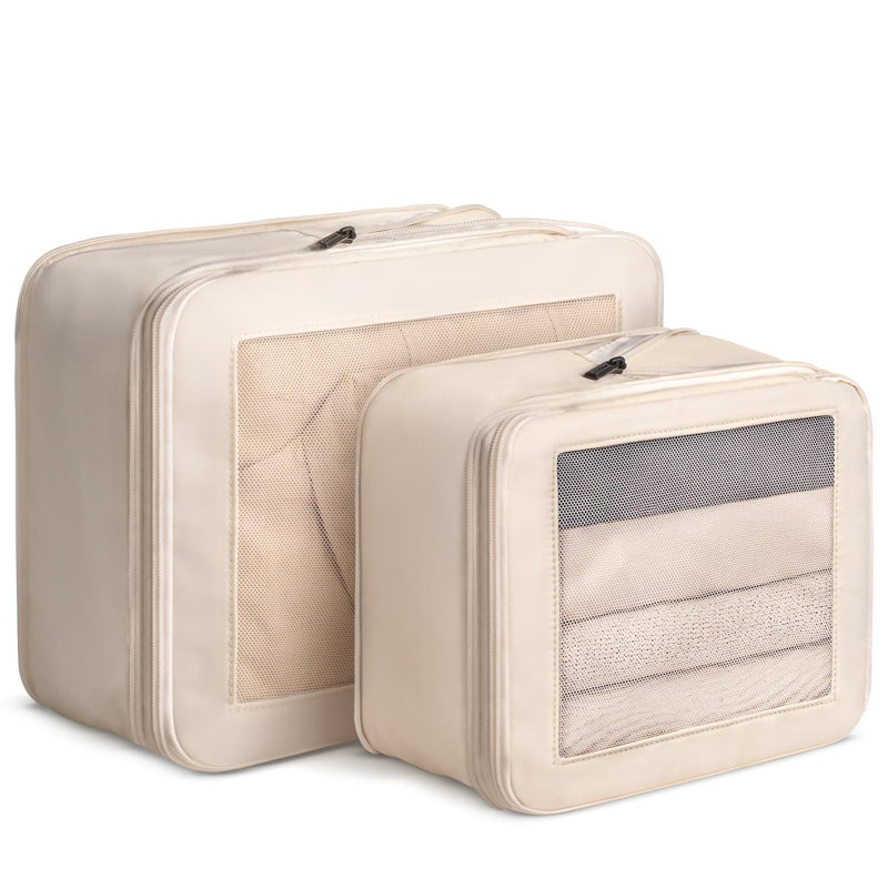 Compression Packing Cubes For Travel - Luggage Organizer Bags - Double Zipper Packing Cubes For Suitcases (2-Pack, Beige)