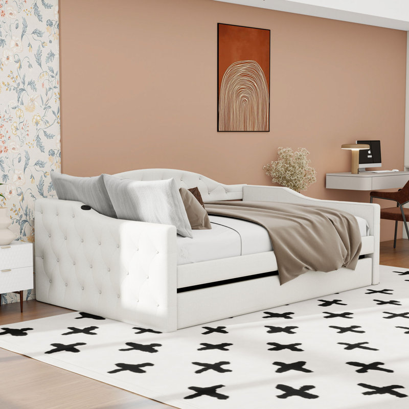 Lit de jour rembourré avec couchette et USB, Beige