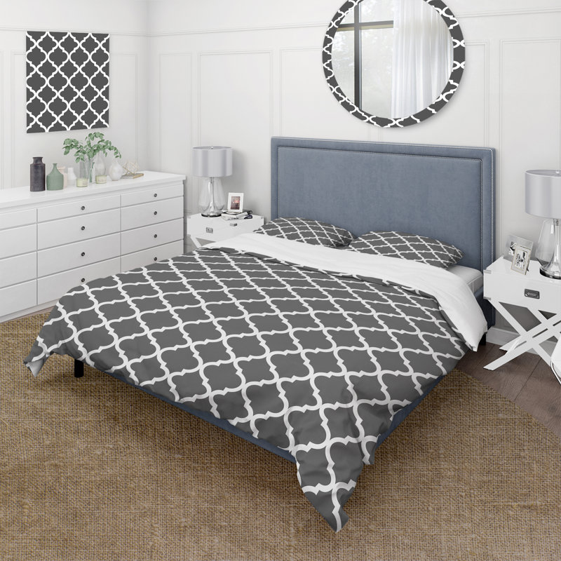 Ensemble de housse de couette traditionnelle quadrilobe gris I, Housse de couette très grand + 2 très grandes ta