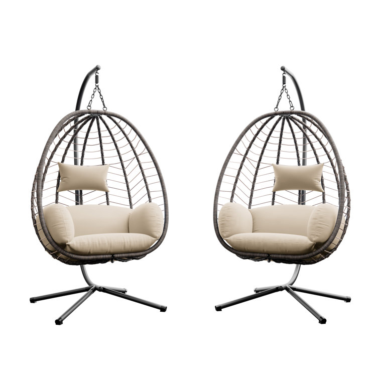 Kyus Hanging Egg Chair With Stand, PE Rattan Wicker Swing, Waterproof Cushions (Set of 2)