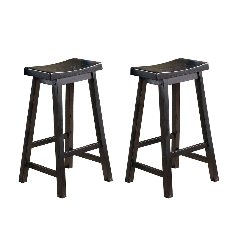 29-Inch Bar Height Stools Set Of 2Pc Saddle Seat Solid Wood Casual Dining Home Furniture, Black