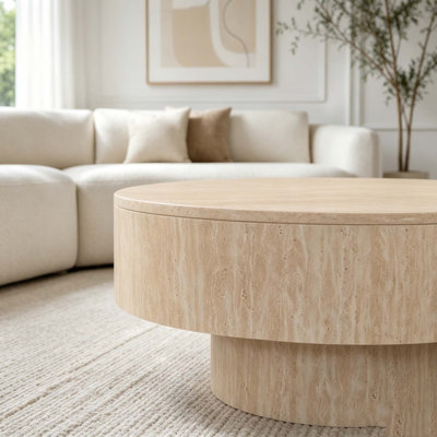 Table basse ronde en MDF avec couvercle amovible Travertine