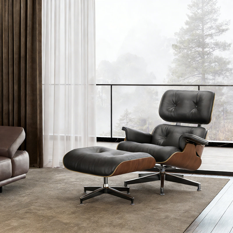 Mid Century Genuine Leather Lounge Chair With Ottoman, Solid Wood Frame, Strong Aluminum Legs, Memory Foam, Black/Dark Walnut