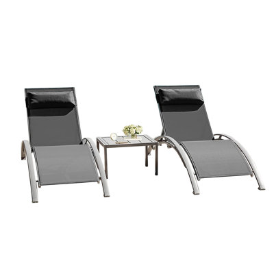 Ensemble de 3 chaises longues de piscine gris foncé (2 chaises longues + 1 table)