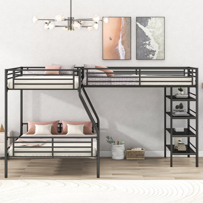 L-Shaped Metal Twin over Full Bunk Bed and Twin Size Loft Bed with Four Built-in Shelves,Black(Expected Arrival Time:11.15) by Isabelle & Max