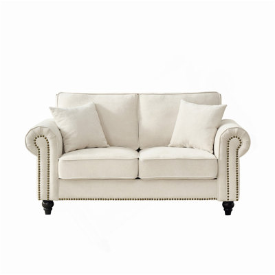 63" Modern 2-Seater Sofa with Rolled Arms,Chenille Upholstered Couch with Wood Legs and Nailhead Trim for Living Room, Apartment,Beige