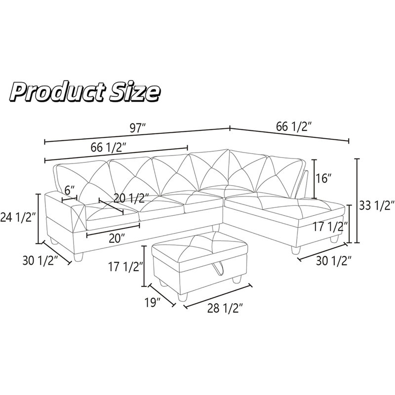 3-Piece Linen Sectional Sofa, Gray, Right Hand Facing