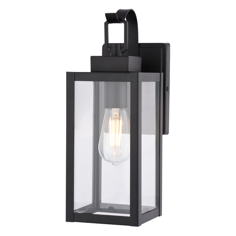 Clinton 13.75 In. H 1-Light Matte Black Transitional Outdoor Wall Sconce Made Of Durable Steel, Clear Glass Shade, LED Compatible, Use For Exterior Porch Patio Front Door Or Garage