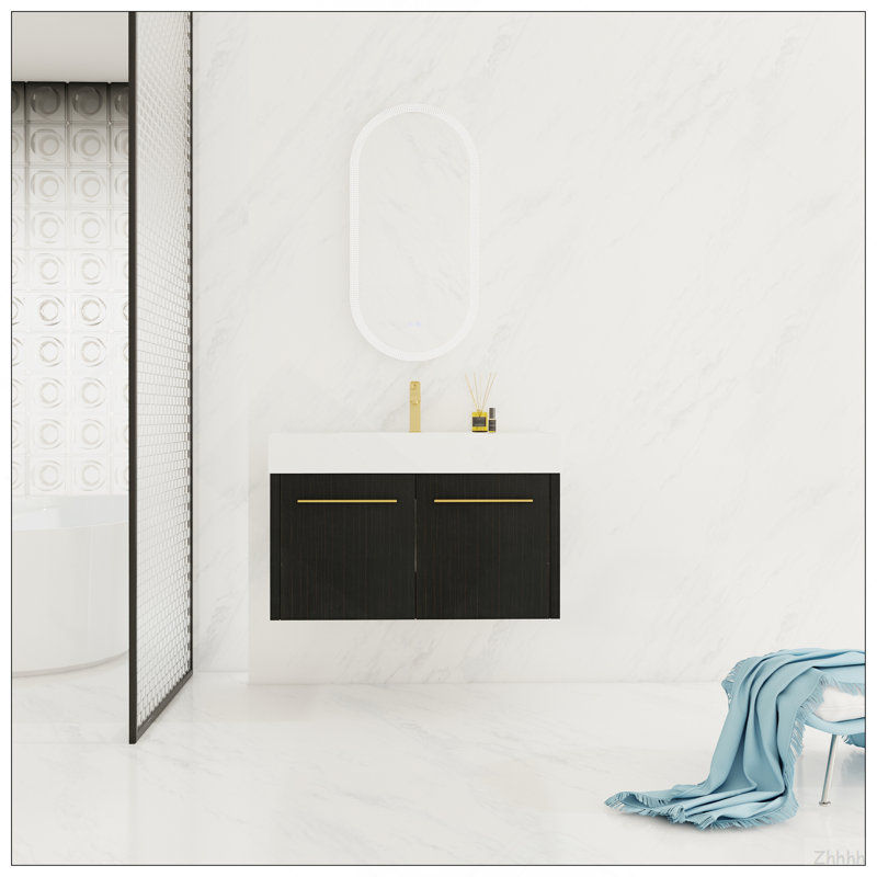 Meuble-lavabo mural 36 po avec lavabo, lavabo en résine à rebords épais, ensemble KD, H 22,4 po x l 35,4 po x P 18,1 po
