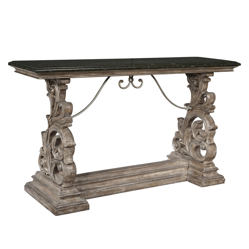 Traditional Black Marble Top Wood Console Table with Ornate Metal Base