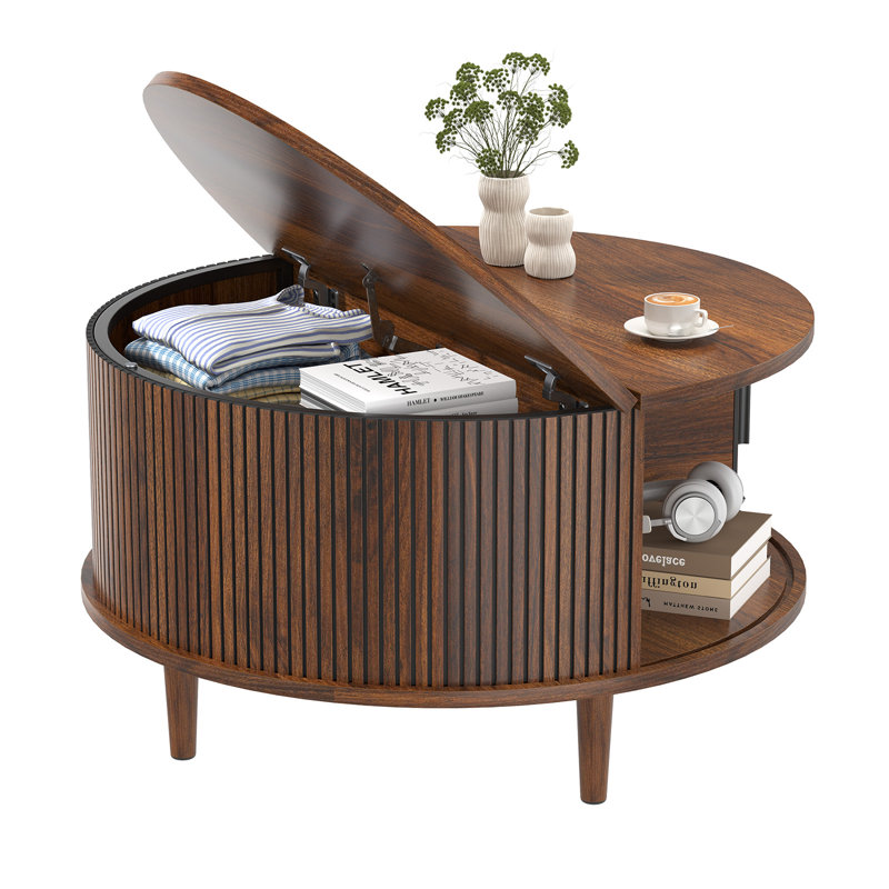 Table basse à plateau relevable moderne avec porte cannelée et rangement 31,5 po Ato, Noyer