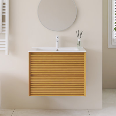 Meuble-lavabo mural simple avec plateau en céramique intégré blanc
