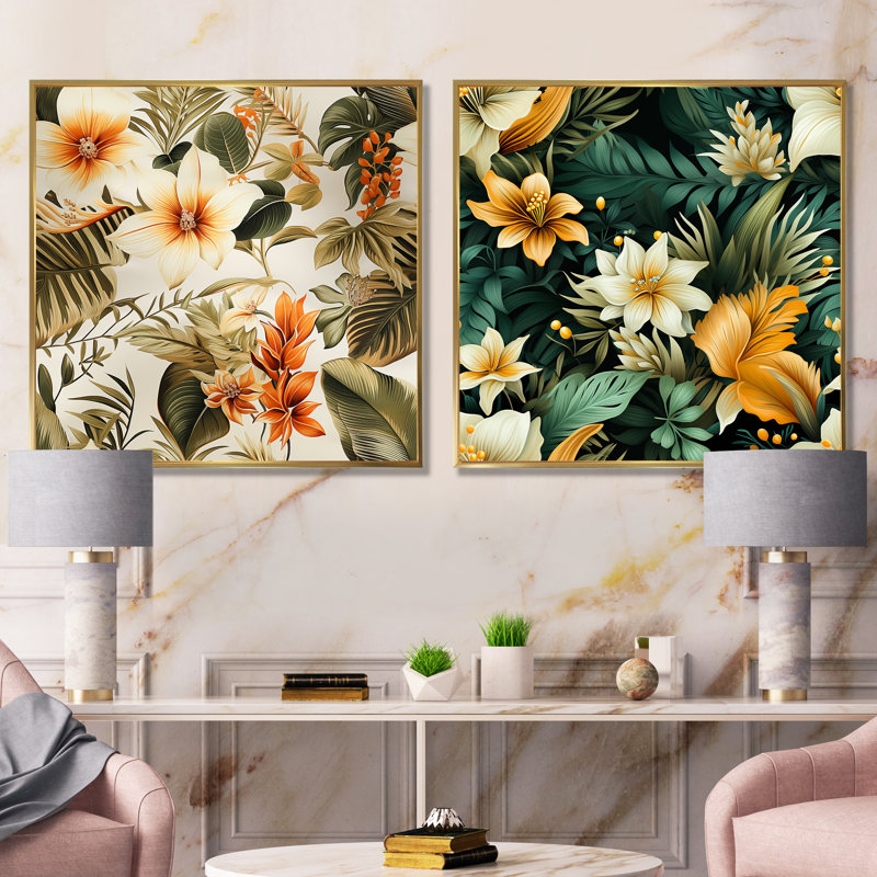 Nirupa - ensemble de 2 reproductions d'art murales Bouquets assortis, Encadrement doré, H 16 po x l 33 po x P 1 po