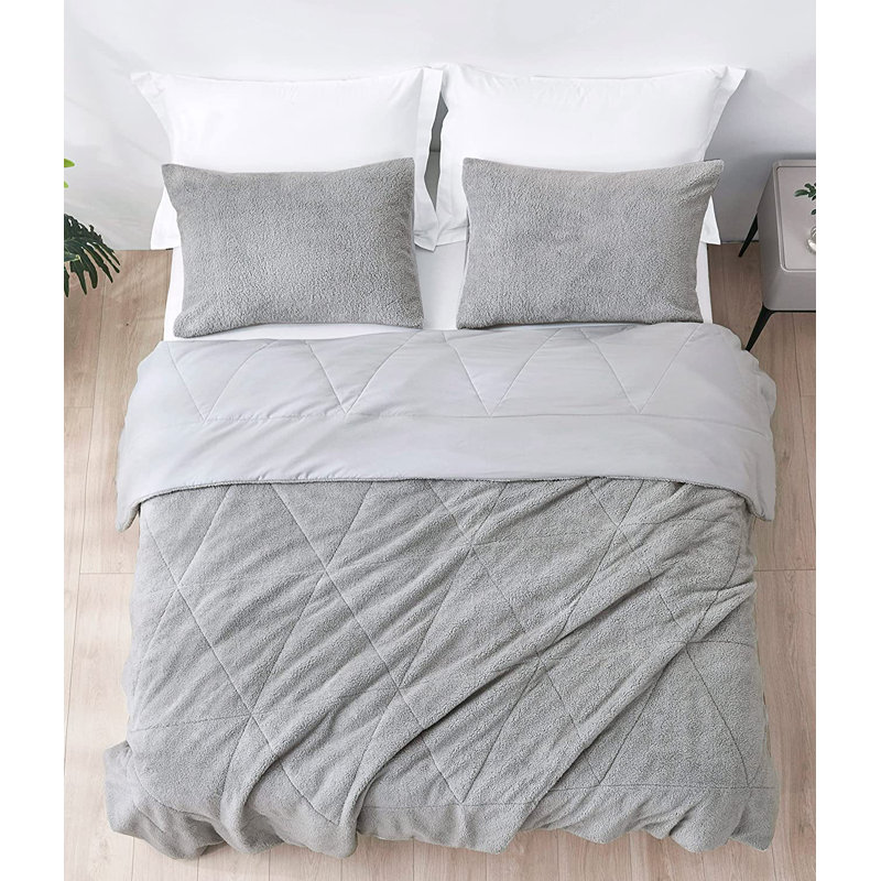 Zane Sherpa Reversible Microfiber Comforter Set, Twin Comforter + 1 Standard Sham, Gray