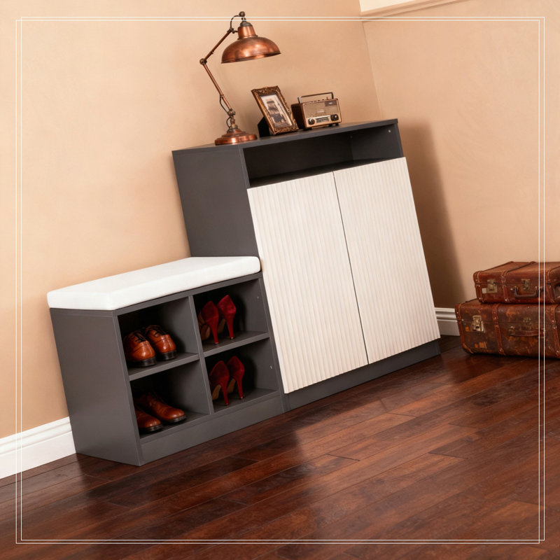 Cabinet with Shoe Bench,2 Doors and 3-Tier Adjustable Shelves, Beige/Gray
