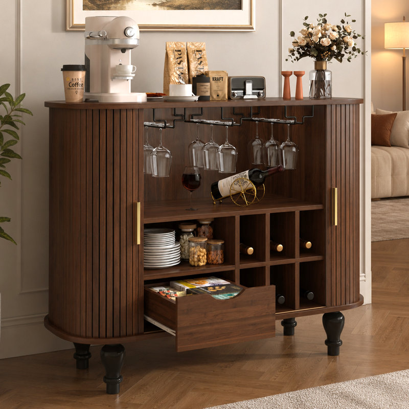 Fluted Bar Cabinet with Wine Storage Glass Holders Drawer and Pine Wood Legs, Walnut