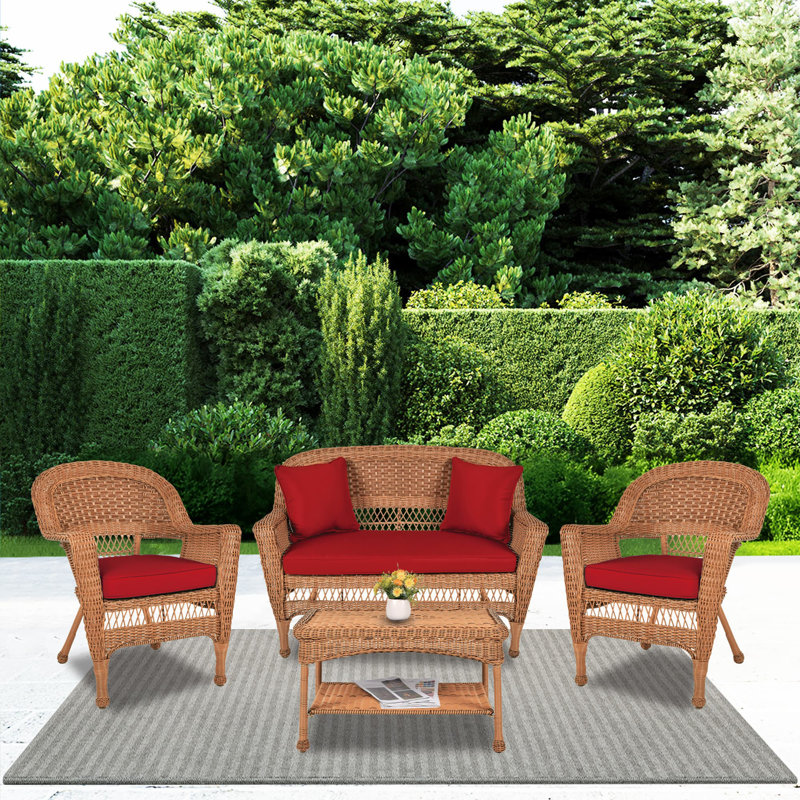 Cecilton 4 Piece Rattan Sofa Seating Group , Honey, Burgundy