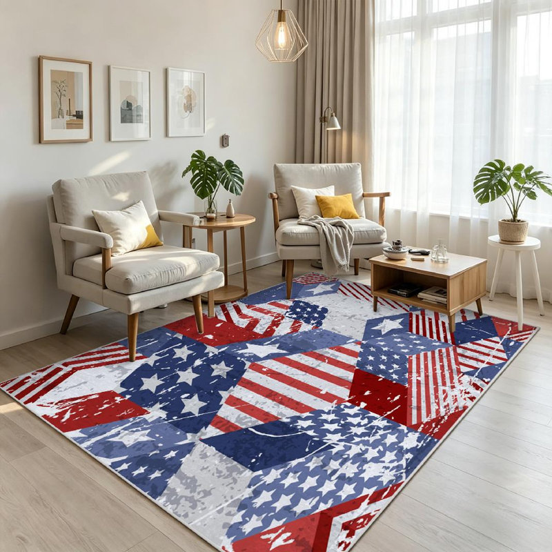 Blue Seamless Watercolor Usa Flag American Colors Grunge Geometric Machine Washable Indoor Area Rug, Rectangle 71" x 98"