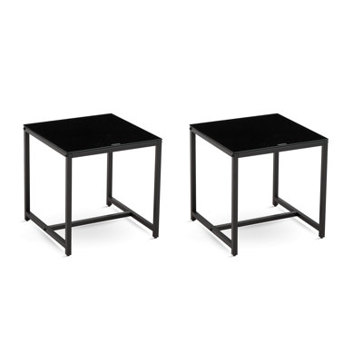 2 Pieces Black Glass Night Stand,MDF Sidetable, Small Tea Table, Sofa Table With Metal Leg