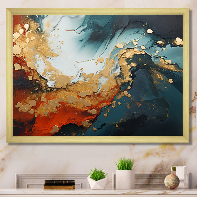 Tempête de marbre bleu et doré IV - art mural abstrait, Cadre d'angle fermé doré, H 16 po x l 32 po x P 1 po