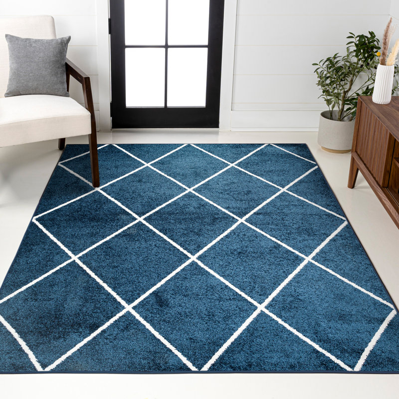 Bertrice Minimalist Diamond Trellis Navy/White Rug, Rectangle 3' x 5'