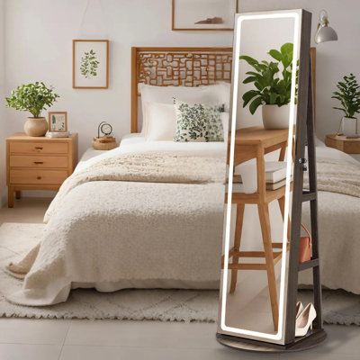 LED Mirror Jewelry Cabinet Standing, Lockable Jewelry Armoire with Full-Length Mirror and Adjustable LED Lights