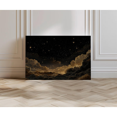 Golden Celestial Night Sky Wall Art Canvas Print with Luminous Stars and Cloud Details, Elegant Home Décor for Living Room or Bedroom