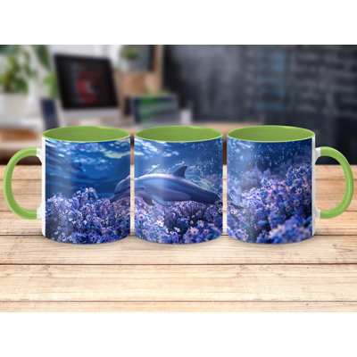 Set of 4 Realistic Animal Design 11oz Accent Mugs – Ceramic Coffee Cups with a Light Green Handle and Interior
