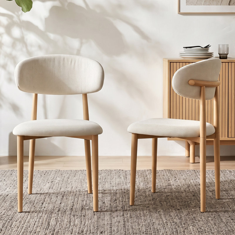 Ensemble de 2 chaises de salle à manger en lin beige avec pieds en métal et finition noyer, Bois naturel